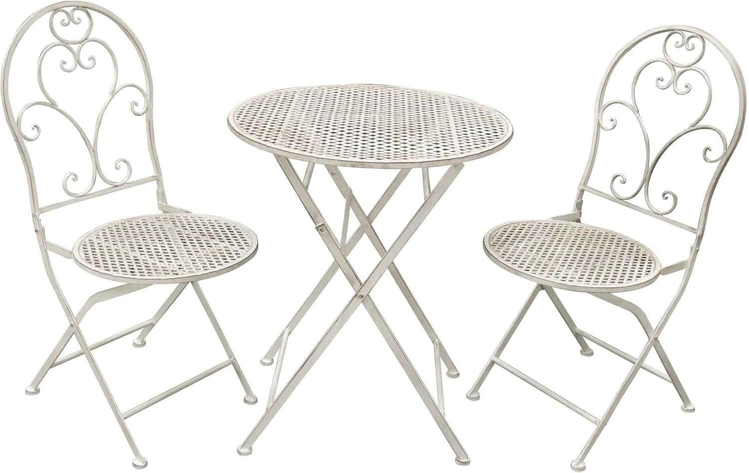 Hochwertige AVANTI TRENDSTORE Bistro Gartenmoebel Set aus Eisen geeignet fuer zwei Personen ausgestattet mit einem mit runder Terrassenterrassentischplatte und zwei Stuehlen klappbar in zwei Farben erhaeltlich antikweiss Variante 545