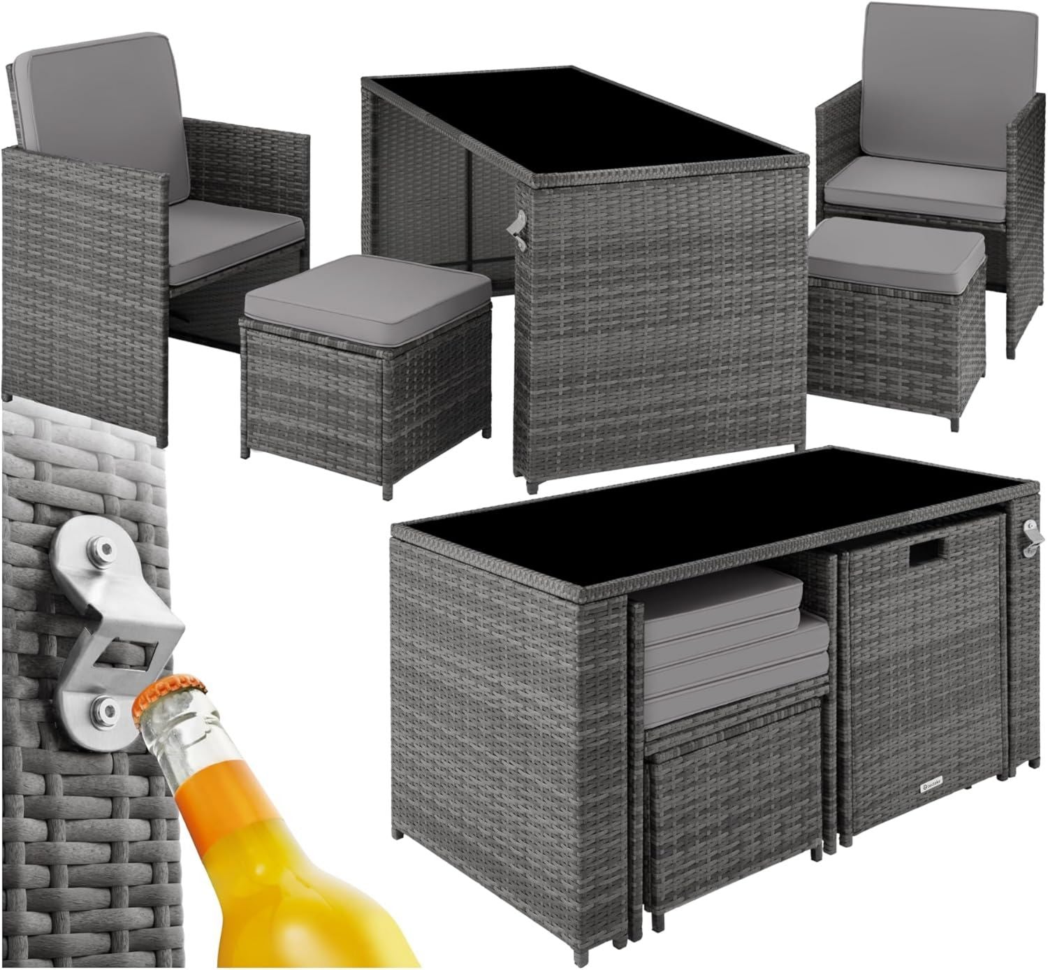 Hochwertige tectake TerrassenErholungssetSet 5 teiliges Lounge Gartenmoebel Set ausgestattet mit Ruheruhesessel Zusatzzusatzhocker Essgruppe geeignet fuer bis zu 4 Personen und Balkon Moebel inkl Polster grau Variante 420