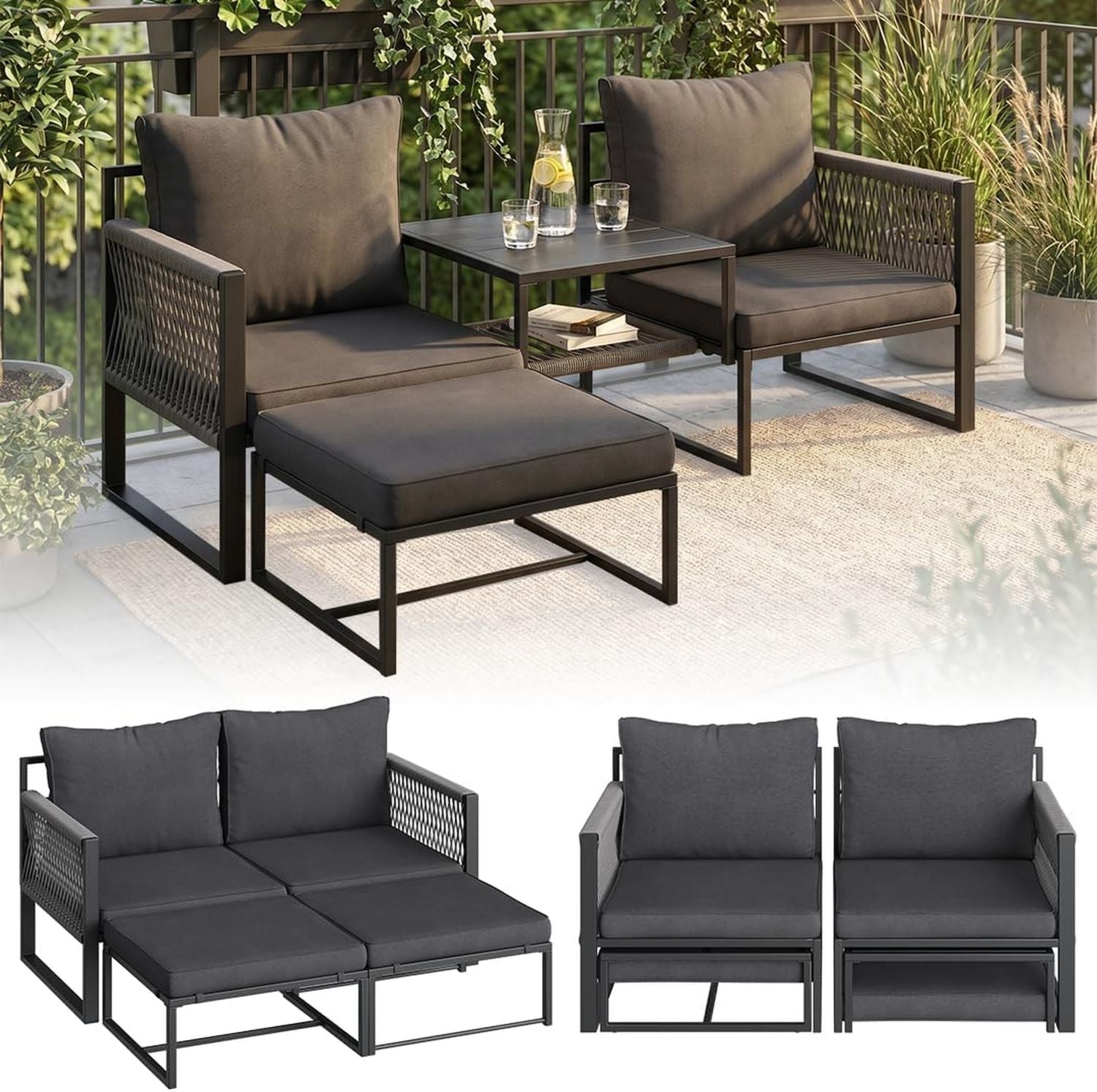 Hochwertige Tyranis Gartenmoebel Set 4 TLG inkl ausgestattet mit Ablage Zusatzzusatzhocker multifunktionales Balkonmoebel Set mit 6 Kissen Sitzgarnitur Ruheruhesessel geeignet fuer 4 Personen dick gepolstert Metall schwarz Variante 416