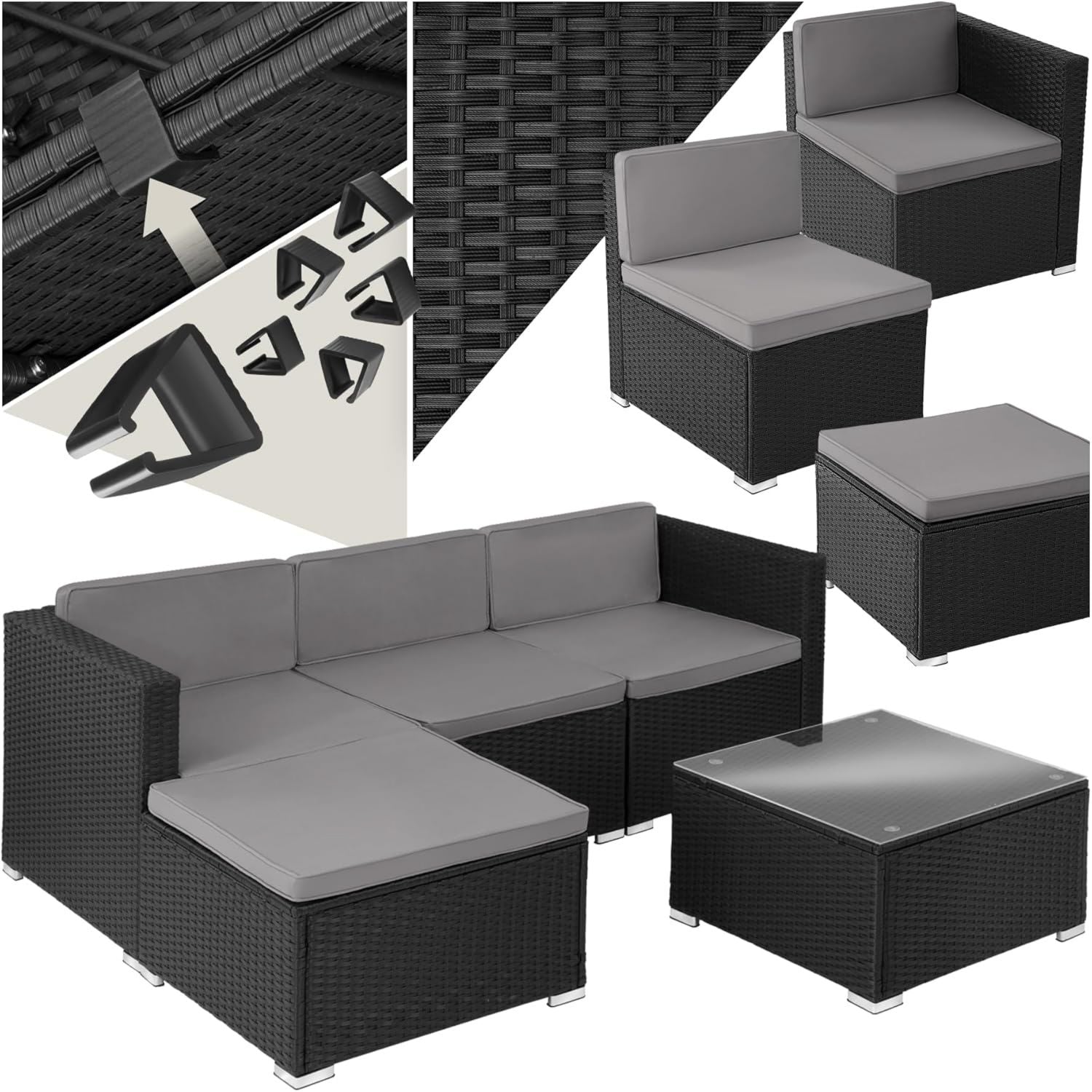 Hochwertige tectake Lounge OutdoorSitzgruppe Set ausgestattet mit Sofa Ruheruhesessel Zusatzzusatzhocker frei kombinierbar Sitzecke geeignet fuer 3 bis 4 Personen Moebel fuer den Ausseneinsatz geeignet fuer Terrasse Balkon schwarz Variante 424