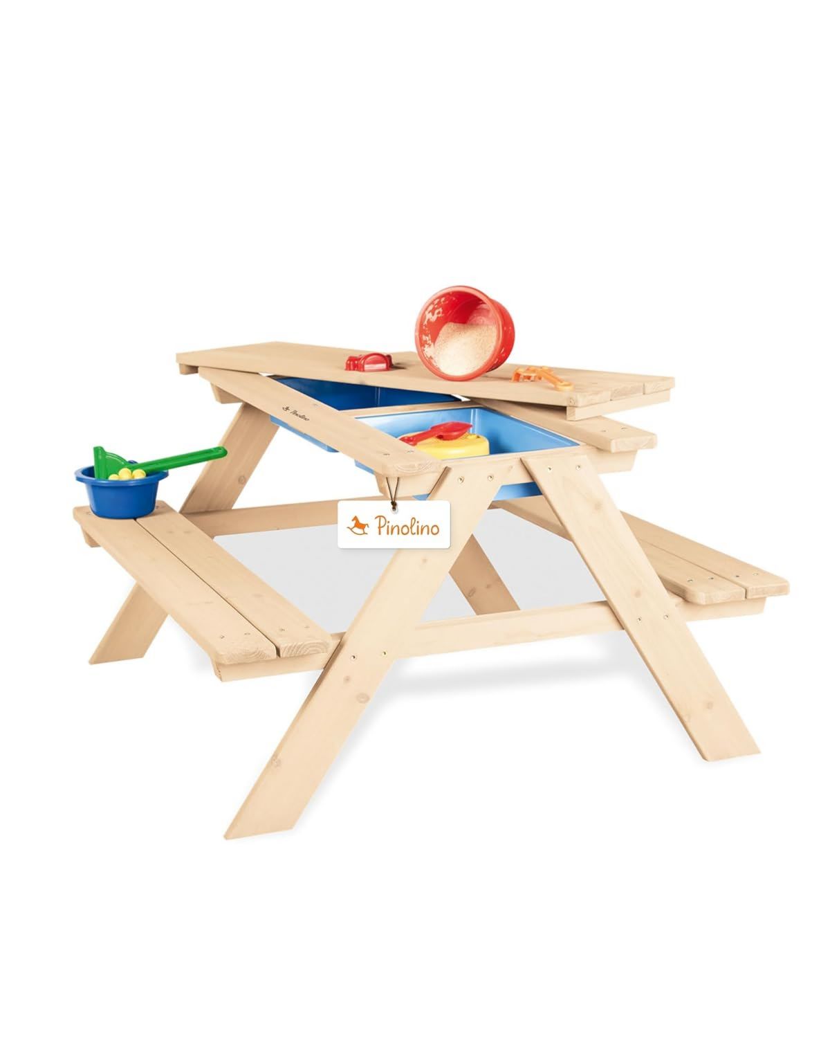 Hochwertige PINOLINO Matsch Nicki 4er Kindersitzgruppe aus Massivholz I Matschkueche Wasserspieltisch geeignet fuer I Spieltisch ausgestattet mit 2 Wannen fuer Kinder ab 2 Jahren I 89 x 88 x 51 cm Variante 505