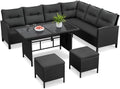 Hochwertige Polyrattan Lounge inkl Ecksofa Esstisch 2 Zusatzzusatzhocker Kissen bis 7 Personen wetterresistent Gartenmoebel Set TerrassenSitzgruppeSet Gartenlounge Essgruppe geeignet fuer Balkon Terrasse schwarz grau Variante 408