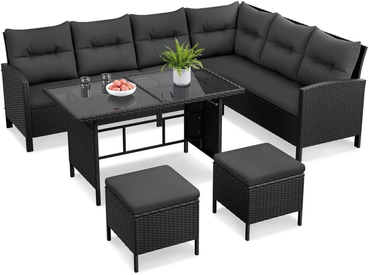 Hochwertige Polyrattan Lounge inkl Ecksofa Esstisch 2 Zusatzzusatzhocker Kissen bis 7 Personen wetterresistent Gartenmoebel Set TerrassenSitzgruppeSet Gartenlounge Essgruppe geeignet fuer Balkon Terrasse schwarz grau Variante 408