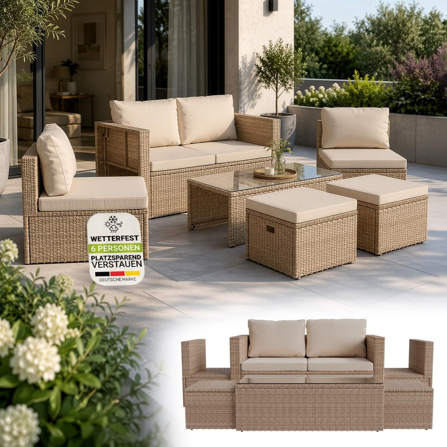 Hochwertige Polyrattan Gartenmoebel Set Salou Lounge wetterbestaendig 6 Personen Sitzecke ausgestattet mit Kissen geeignet fuer Balkon Terrasse Creme Sand Variante 476